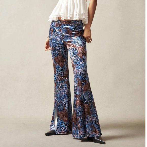 Pants - Luxe Velvet Floral Leopard print Wide Leg Split hem Pants